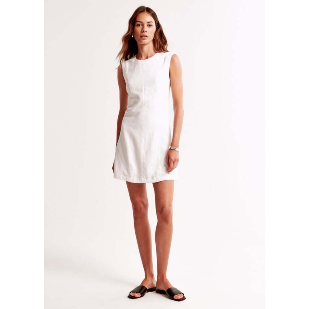 Abercrombie & Fitch Linen Blend Shell Mini Dress White Cutout Back Small Tall